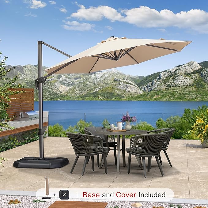 PURPLE LEAF 10 Feet Patio Umbrella with Base and Cover Round Outdoor Cantilever Umbrella Aluminum Offset Umbrella with 360-degree Rotation for Garden Deck Pool Patio Beige