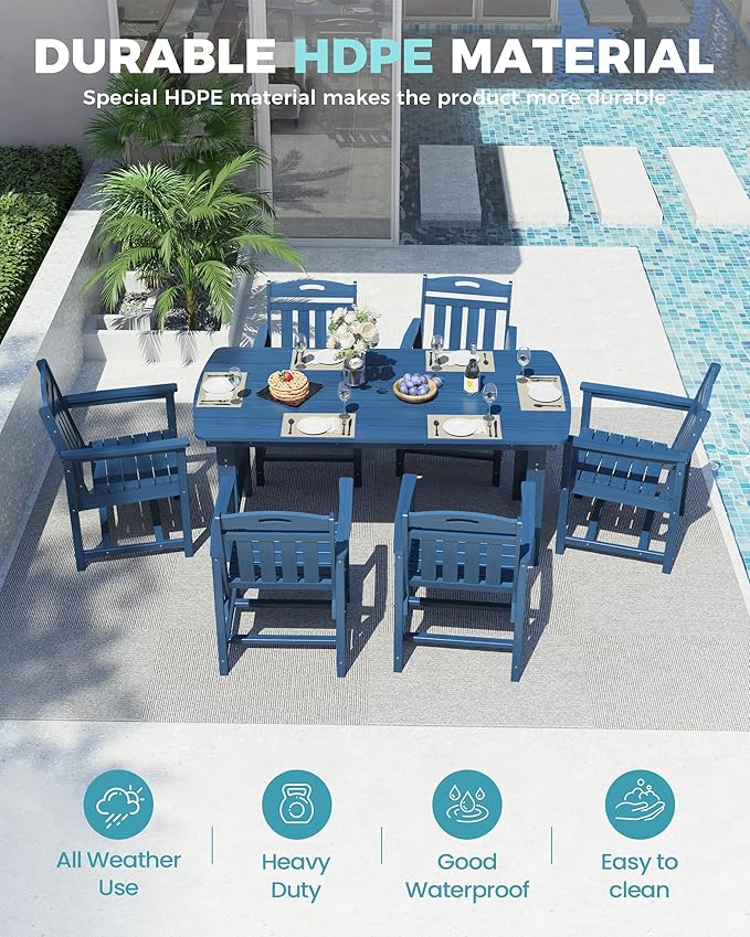 Ciokea HDPE Outdoor Dining Set, 7-Piece Patio Table and Chairs Set with Umbrella Hole, All-Weather Patio Dining Sets for 6, Durable Patio Furniture for Backyard, Garden, Lawn & Poolside, Navy Blue