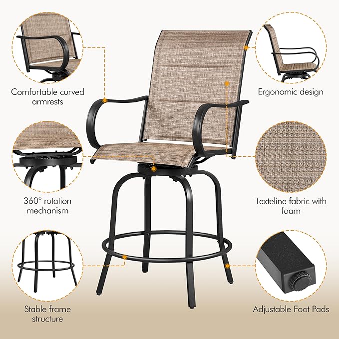 Yaheetech 6 Piece Patio Swivel Bar Stools Texteline Bistro Chairs with High Back/Armrest/Footrest, All Weather Padded Seating Outdoor Furniture Height Outdoor Chairs for Outside, Lawn & Garden