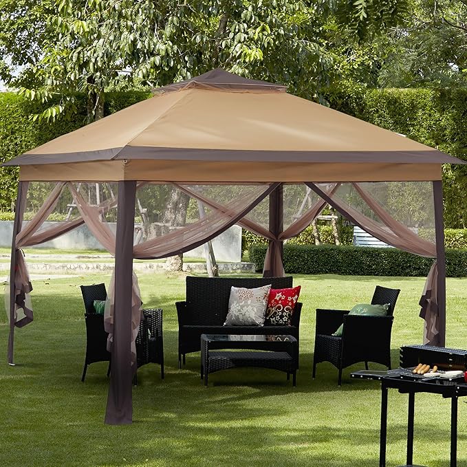 GDY 11x11 Pop Up Canopy Tent, Outdoor Canopy with Netting, Outdoor Gazebo for Backyard, Tent with Handbag, Brown.