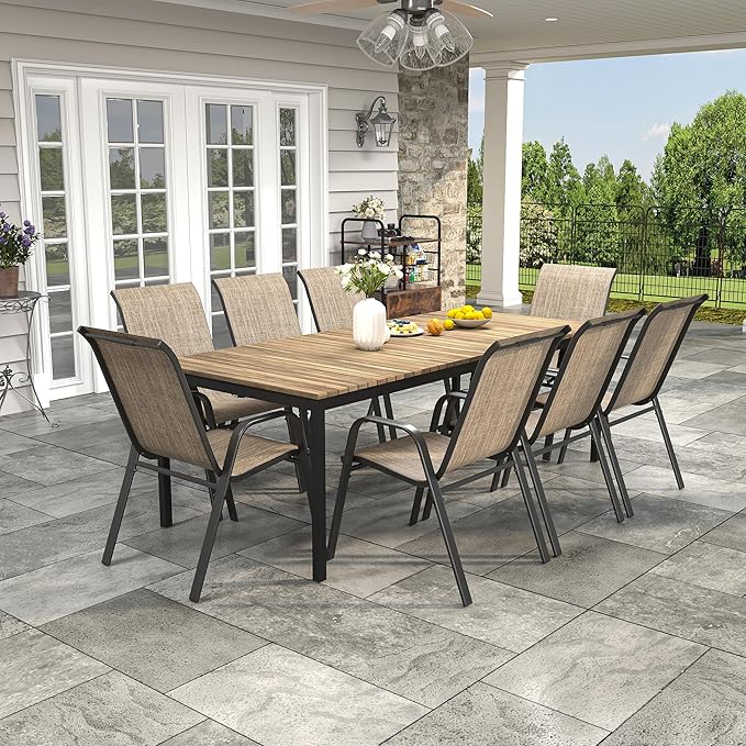 Patio Chairs Set of 8, Stackable Outdoor Dining Chairs for All Weather Textilene Fabric & Metal Frame, Outdoor Chairs Set for Backyard Deck Garden (Brown, Set of 8)
