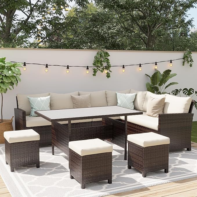 Wisteria Lane 7 Piece Patio Furniture Set, High Curved Back Wicker Patio Sectional, All Weather Outdoor Dining Set, Outdoor Furniture Patio Conversation Set with Ottoman, Brown