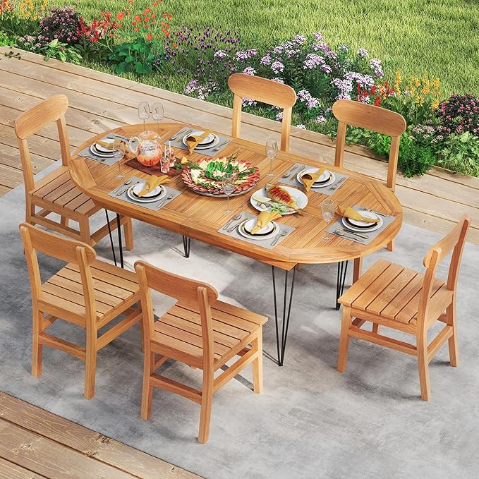 Tangkula 71" Outdoor Dining Table for 6, Oval Teak Wood 6 Person Patio Table with 2" Umbrella Hole, Metal Legs, Safety Locks and Wood Tabletop, Outside Table for Garden, Poolside & Backyard