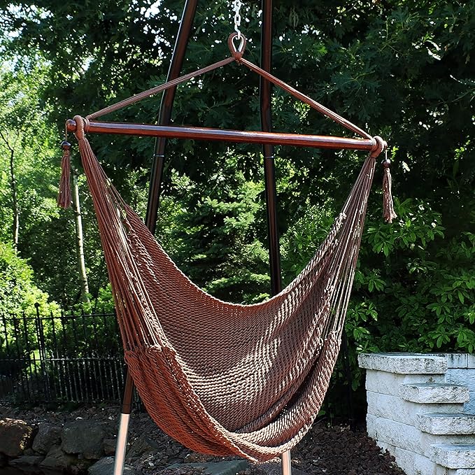 Sunnydaze Outdoor Hammock Chair Swing - Hanging Hammock Swing - Hanging Reading Chair - Soft-Spun Polyester Rope - Caribbean XL - Mocha