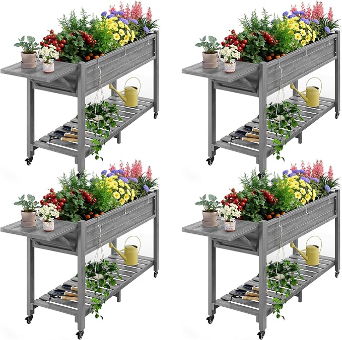 YEFU Raised Garden Bed with Legs: 57x18x30in Elevated Poly Planter with Wheels,Waterproof Mobile Raised Bed Garden, Elevated Planter Box Stand with Storage Shelf,for Deck,Patio,Porch,Yard (Grey,4pcs)