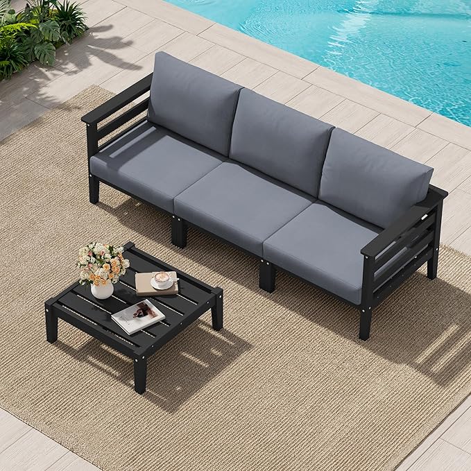 SERWALL HDPE Patio Furniture Set, 4 Pieces Outdoor Sectional Sofa Set, All-Weather Wood-Like Outdoor Sofa Couch with Coffee Table for Deck, Lawn, Black Frame with Grey Cushion