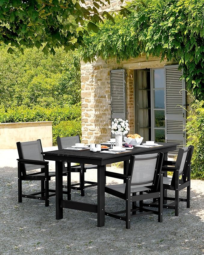 SERWALL Patio Dining Sets for 6, Outdoor HDPE Dining Set with Umbrella Hole Cut-Out Table and 6 Woven Chairs, Black