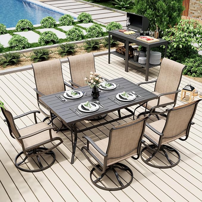 Pamapic 7-Piece Patio Dining Furniture Set with Swivel Chairs, Outdoor Table & 6 Textilene Chairs for Garden, Backyard, Pool, Deck, Beige
