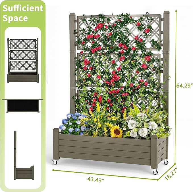 Raised Garden Bed with Trellis, 21 Gallon Self Watering Planter Box with Lockable Wheels & Drainage Holes for Climbing Plants Vegetables Flowers, Anti-Rust Resin for Backyard Patio (Grey)