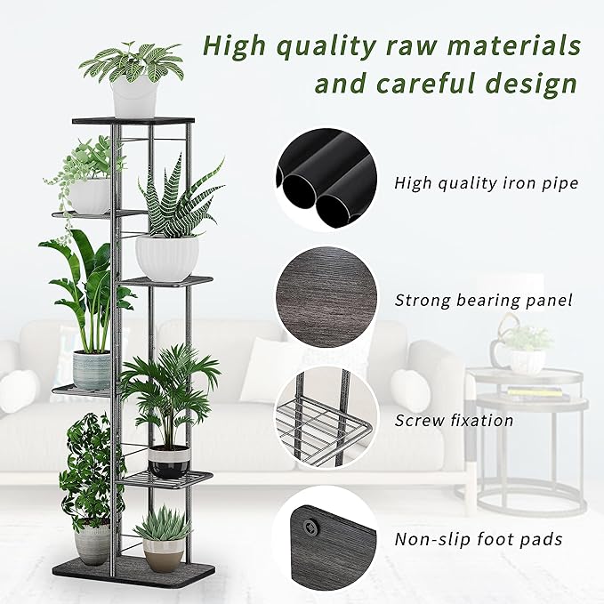 Simple Trending Plant Stand Shelf Indoor Outdoor Waterproof, 6-Tier 7 Potted Heavy Duty Metal Tall Flower Holder for Multiple Corner Display