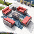 Kullavik 10 Pieces Outdoor Patio Furniture Set with 43" 55000BTU Gas Propane Fire Pit Table PE Wicker Rattan Sectional Sofa Patio Conversation Sets,Red