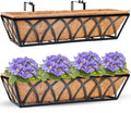 HFHOME 24 inch Window Deck Rail Planter Including Coco Liner, 24" Dia Window Box Horse Trough with Coconut Coir Liners, Black Metal Hanging Flower Planter Basket for Indoor Outdoor Lawn - Set of 2