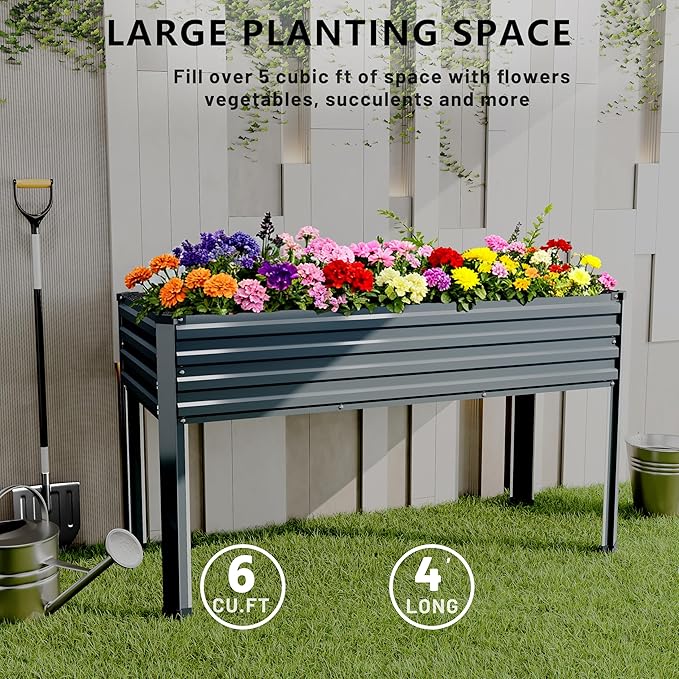 Vengarus Galvanized Raised Garden Bed Outdoor with Legs,48×18×30in Metal Elevated Raised Planter Box for Backyard, Patio, Balcony, 300lb Capacity,Grey(2PCS)