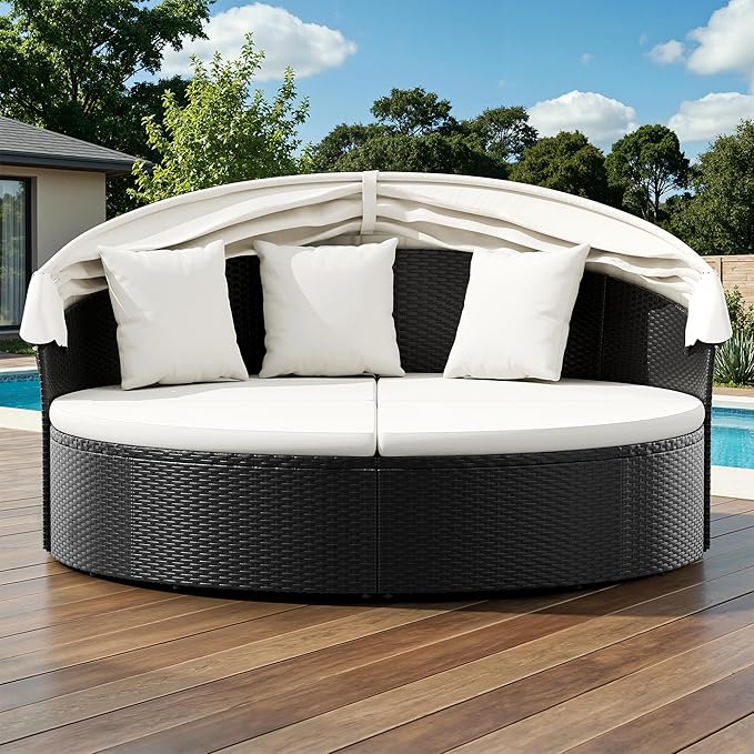 Patio Furniture Round Outdoor Daybed with Retractable Canopy Wicker Rattan Sectional Sofa for Lawn Garden Backyard Pool (Beige)