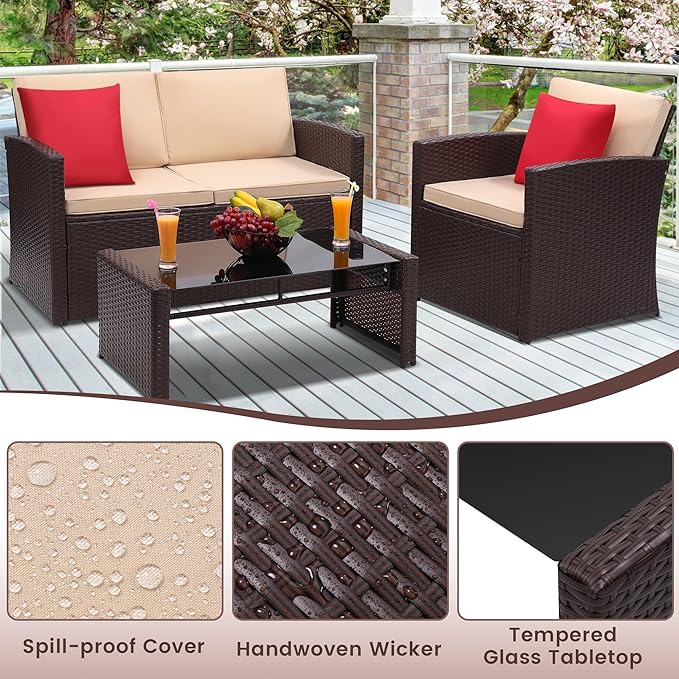 4-Piece Patio Furniture Set, Wicker Outdoor Rattan Sectional Sofa with Cushions and Glass Table, All-Weather Outdoor Conversation Set, Ideal for Garden, Porch, Backyard, Beige