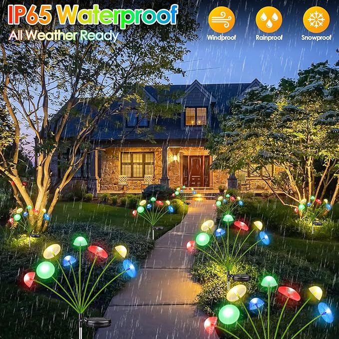 4PK 32LED Solar Garden Lights Outdoor, Mushroom Solar Lights Outdoor, IP65 Waterproof Firefly Light Outside Decor for Patio Pathway, Sway by Wind for Pathway Garden Mushroom Decorations, Multicolor