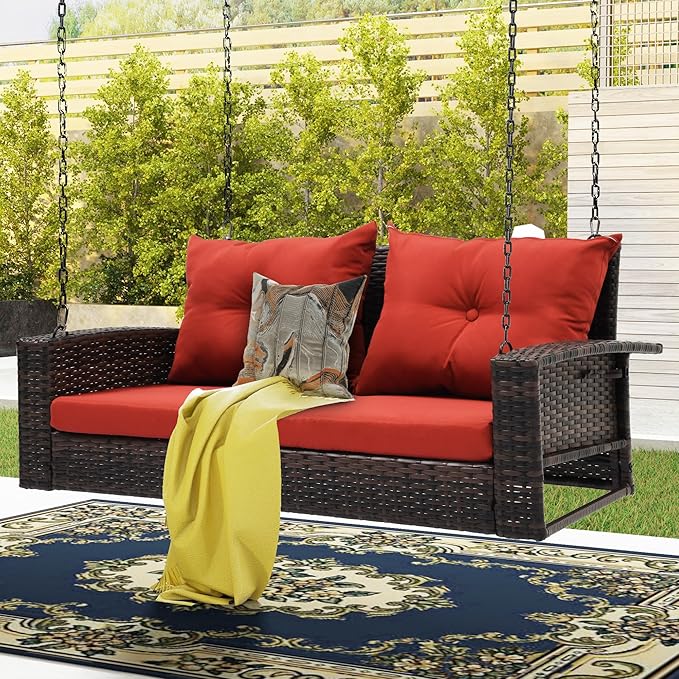 DWVO Hanging Porch Swing Chair Outdoor Wicker Rattan Patio Swing Lounge 2 Seats Cushions Capacity 530lbs for Balcony, Garden, Living Room, Brown Rattan Red Cushion