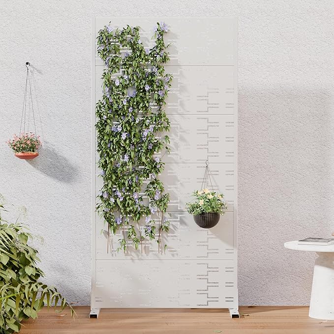 Casaphoria Metal Privacy Screen Outdoor, 72" H x 35" W Freestanding Decorative Privacy Screen for Patio Deck Balcony Garden with Stable Base, White-Brick