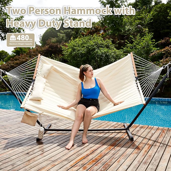 Two Person Hammock with Stand for Outside Heavy Duty, Outdoor Patio Hammock with Portable Steel Stand, Large Double Hammocks,480lbs Capacity.(Off White)