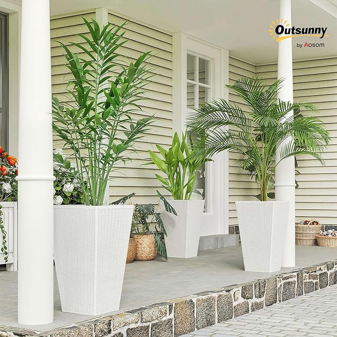 Outsunny Tall Planters for Outdoor Plants Set of 3, 24 in Taper Planters with Drainage Holes, Rattan Decor Plant Pots for Indoor Outdoor Front Porch Patio Backyard, White