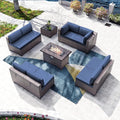 Kullavik 10 Pieces Outdoor Patio Furniture Set with 43" 55000BTU Gas Propane Fire Pit Table PE Wicker Rattan Sectional Sofa Patio Conversation Sets,Navy Blue