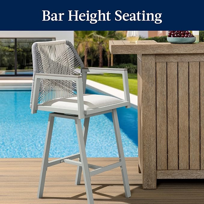 Best Choice Products Outdoor Bar Stools Set of 2, Bar Height, 360° Swivel Aluminum Frame, All-Weather Woven Rope Chair Design w/Armrests - Gray/Meteor