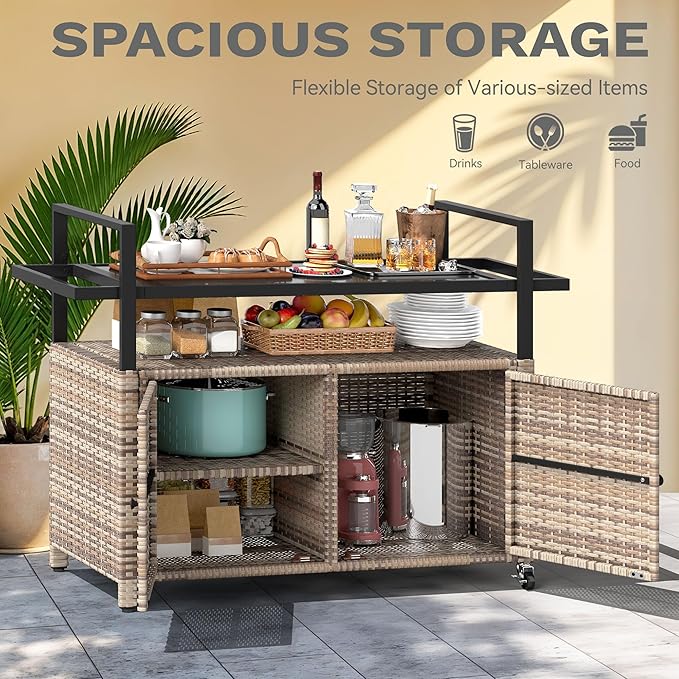DWVO XL Outdoor Storage Cabinet,Patio Storage Table with Glass Top, Bar Table with Wheels,Outdoor Bar Cart for Patio, Poolside and Backyard,Light Brown