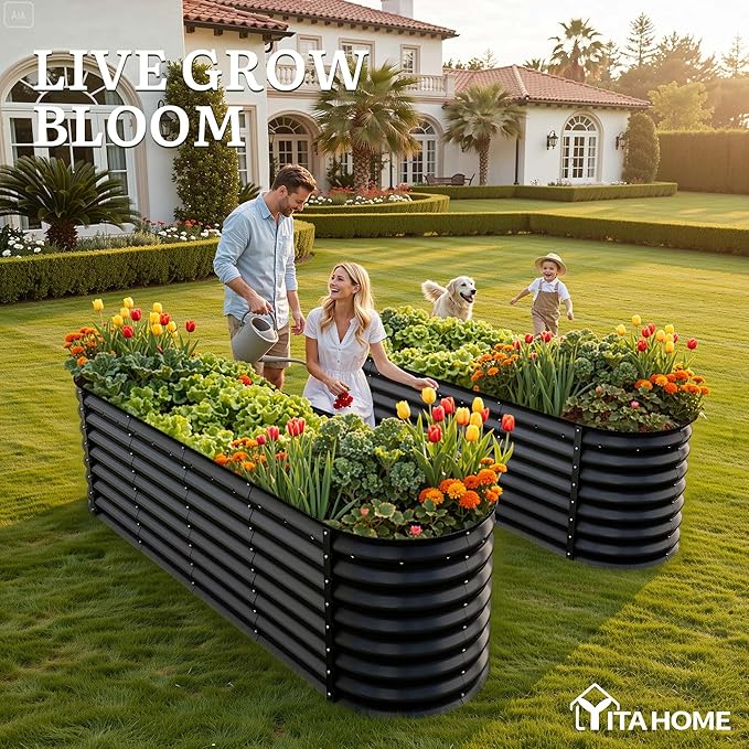 YITAHOME 24" Tall 9 in 1 Raised Garden Bed Kit,96x24 in Large Galvanized Metal Planter Box with Gloves, Safety Rubber & Support Rod, Outdoor Flower Bed for Plants Vegetables Flowers, Black