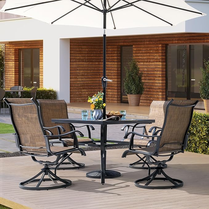NUU GARDEN Outdoor Dining Set 5-Piece Patio Set with Weather-Resistant Table and 4 Textilene Swivel Chairs for Yard, Deck and Poolside, Brown and Black