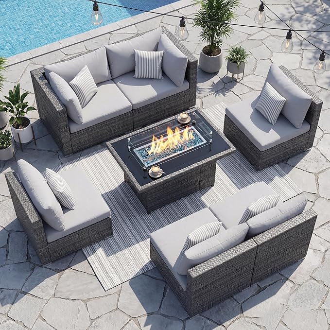 NICESOUL High-End Outdoor Patio Furniture Set with Natural Gas/Propane Firepits, 7 Piece Large Wicker Sectional Couches with Fire Table, 29.3'' High Back Deep Seating Comfy Conversation Sofas, Gray