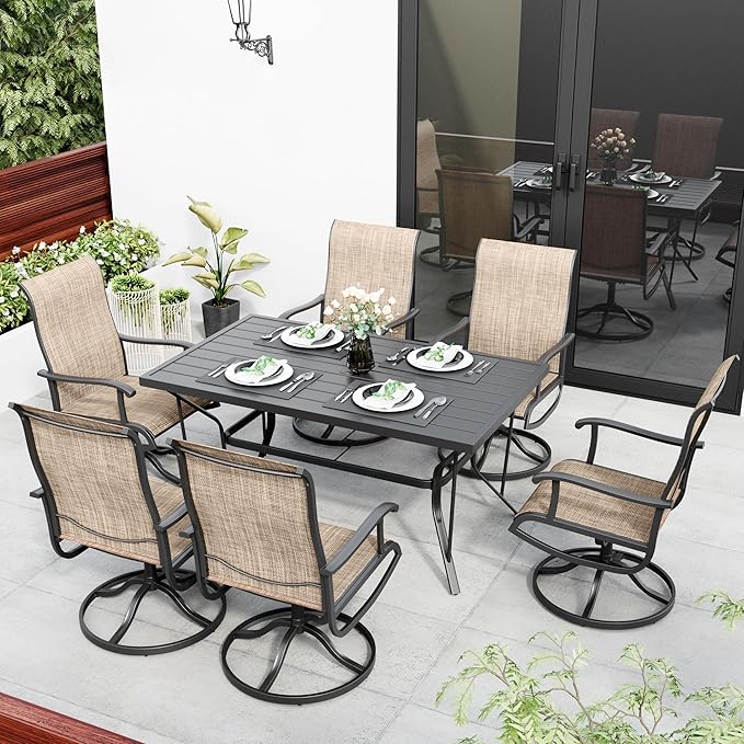 Pamapic 7-Piece Patio Dining Furniture Set with Swivel Chairs, Outdoor Table & 6 Textilene Chairs for Garden, Backyard, Pool, Deck, Beige
