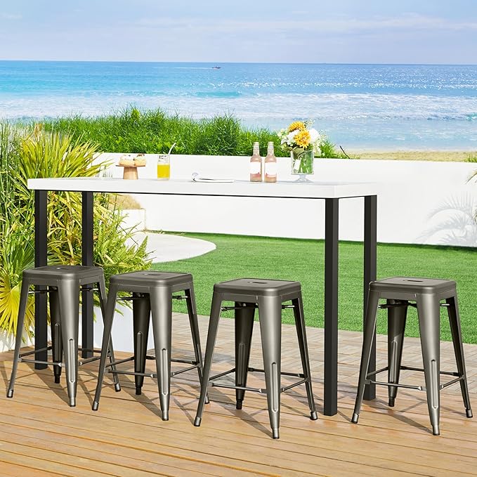 Yaheetech 24 Inch Metal Barstools Set of 4, Counter Height Backless Stools, Industrial Stackable Bar Chairs with Footrest for Kitchen/Dining Room/Bistro/Patio, Metal