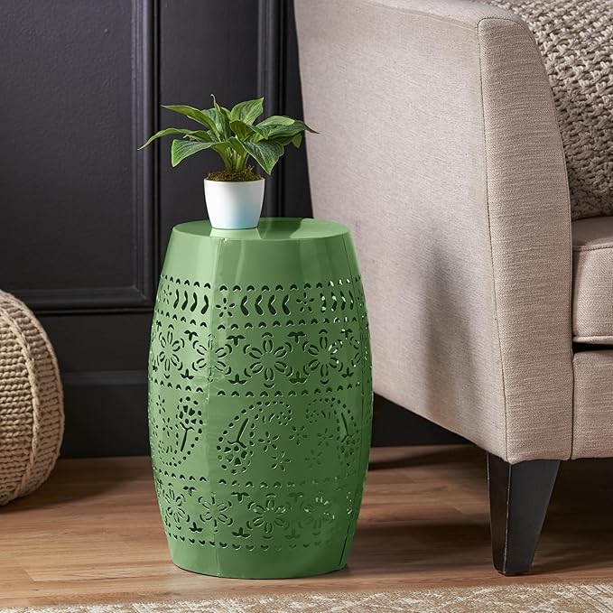Christopher Knight Home Zoey Small Outdoor Side Table, Lace Cut Iron End Table, Metal Outdoor Stool, Hollow Drum Round Side Table, Decorative Garden Stool with Cutout Design for Patio Balcony, Green