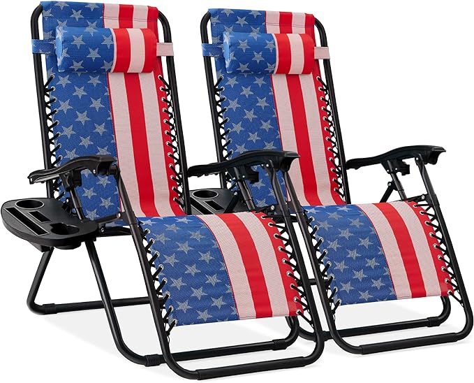 Best Choice Products Set of 2 Adjustable Steel Mesh Zero Gravity Lounge Chair Recliners w/Pillows and Cup Holder Trays - American Flag