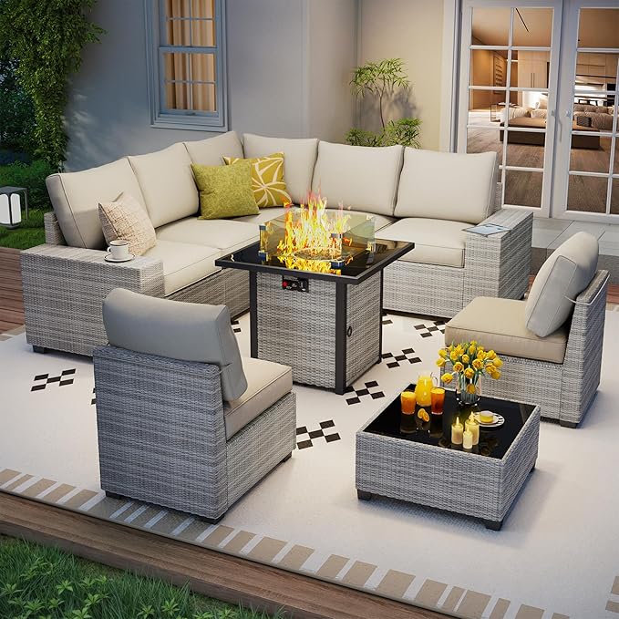 9 Piece Outdoor Patio Furniture Set with 28'' Fire Pit Table, Outdoor Sectional Furniture, Rattan & Wicker Modern Modular Conversation Set Sofa Couch W/Water Resistant Washable Thick Cushions, Beige