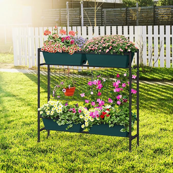 OYEAL Raised Garden Bed with Legs & & Trellis 32" Tall Vertical Herb Garden Planter Indoor Outdoor Elevated Flower Beds for Gardening, Vegetables, Herbs, Patio, Balcony, Backyard, Green