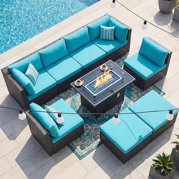 NICESOUL Big Size 9 Piece Patio Furniture Set with Fire Pit Natural Gas & Propane, 29.3'' High Back Comfy Outdoor Rattan Conversations, Wide Seats Couches for Outside, 2 Color Cushions Teal & Gray