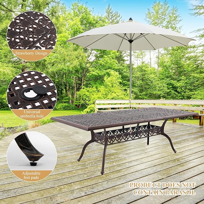 87" Cast Aluminum Outdoor Dining Table – Rectangular Red Copper Patio Table with Strawberry & Leaf Design, 2" Umbrella Hole, Weather-Resistant for Garden, Backyard, and Lawn