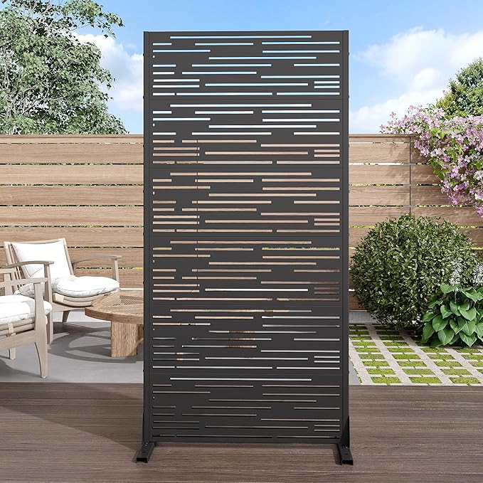 Casaphoria Metal Privacy Screen Outdoor, 72" H x 35" W Freestanding Decorative Privacy Screen for Patio Deck Balcony Garden with Stable Base, Black-Shine