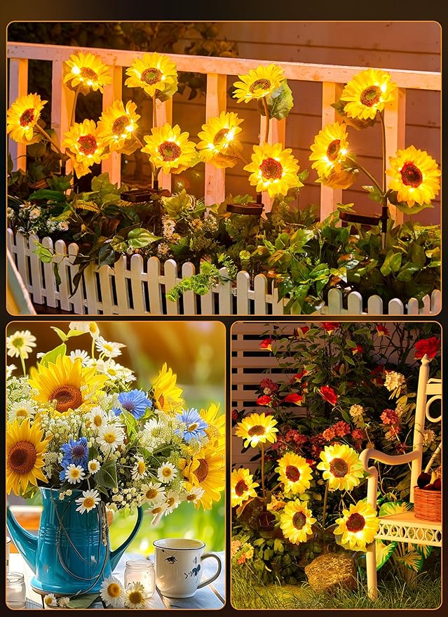 Brightown Outdoor Solar Garden Lights - 4 Pack LED Flower Lights with Larger Sunflowers, Bigger Solar Panel, Waterproof for Outside Yard Patio Garden Decorations