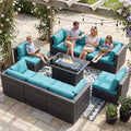 NICESOUL Extra-Large 9 Pcs Outdoor Patio Furniture Set with Fire Pit Table Natural Gas/Propane, 29.3'' High Back Deep Wide Modular Sofa Conversations with Fireplaces, 2 Color Cushion Teal Blue & Grey