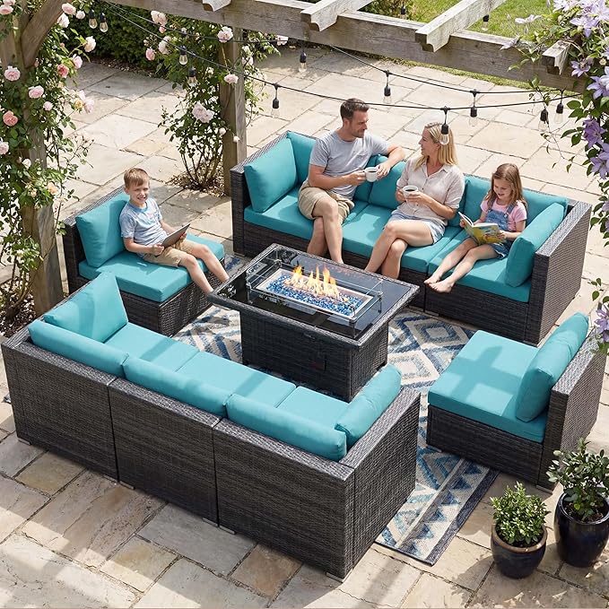 NICESOUL Extra-Large 9 Pcs Outdoor Patio Furniture Set with Fire Pit Table Natural Gas/Propane, 29.3'' High Back Deep Wide Modular Sofa Conversations with Fireplaces, 2 Color Cushion Teal Blue & Grey