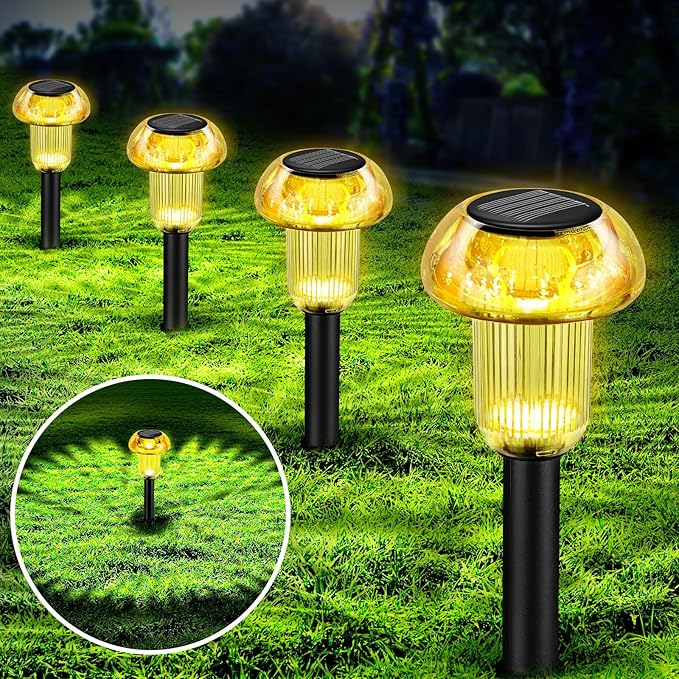 Easter Solar Pathway Lights Outdoor Decorative 4 Pack, Yellow LED Mushroom Solar Lights Outdoor Waterproof Solar Powered Decor for Yard Driveway Patio, Valentines Day Halloween Christmas Garden Decor