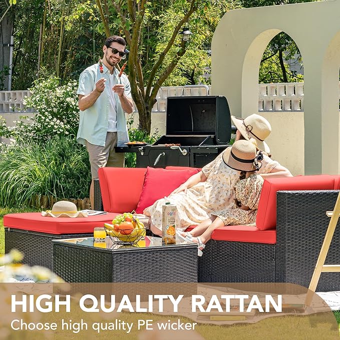 Devoko 5 Pieces Patio Furniture Sets All Weathevr Outdoor Sectional Patio Sofa Manual Weaving Wicker Rattan Patio Seating Sofas with Cushion and Glass Table (Red)