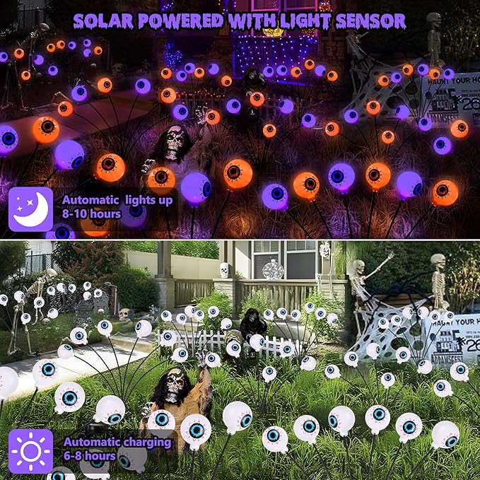 BrizLabs 6 Pack 36 LED Halloween Solar Eyeball Lights, 2 Modes Outdoor Halloween Pathway Lights, Solar Spooky Path Light Waterproof, Swaying Firefly Lighting for Yard Garden Lawn, Orange & Purple