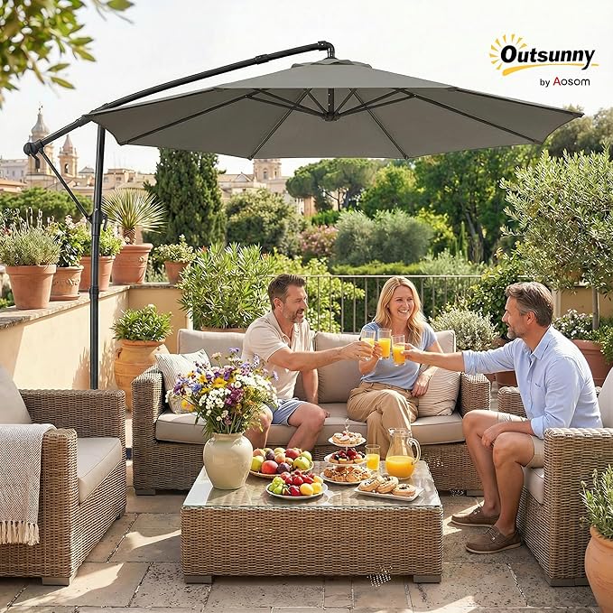 Outsunny 10 ft Offset Patio Umbrella with Cover, Round Hanging Cantilever Umbrella with 6-Position 360° Rotation, Crank Handle, Tilt, Cross Base, Heavy Duty Outdoor Umbrella for Garden