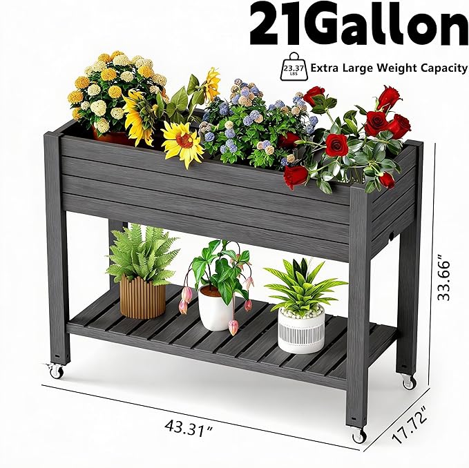 Elevated Raised Garden Bed with Legs, 33.66" Tall Self-Watering Resin Outdoor Planter Box with Storage Shelf, Drain Plug Water & Monitor for Plants Vegetables Flowers Fruits (Black)