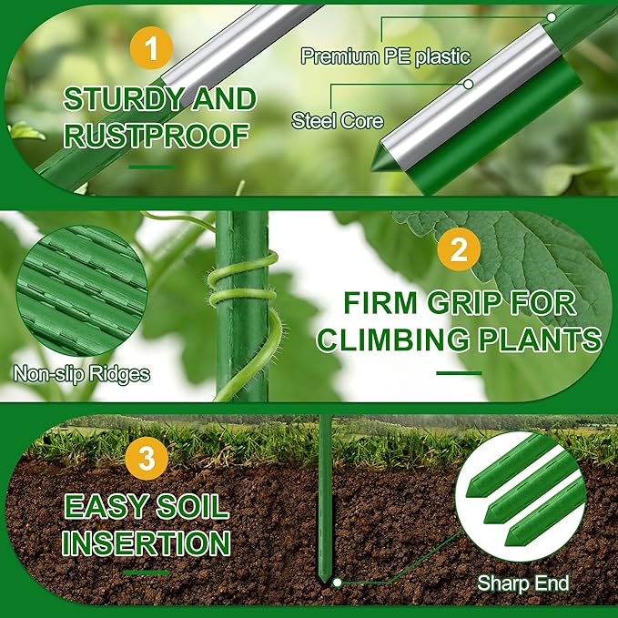 WAENLIR 16 Inch 24 Pack Extendable Garden Stakes Kit, DIY 4ft 5ft 6ft 7ft 8ft Plant Support Stakes with Connectors and Clips, Plastic Coated Metal Sticks for Tomato Indoor Outdoor