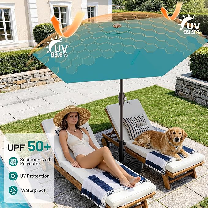 AreShark 7.5FT Patio Umbrella Table Market Umbrella with 6 Sturdy Ribs, Button Tilt/Crank, Heavy-Duty Outdoor Umbrellas for Pool, Deck, Garden and Backyard, Cerulean