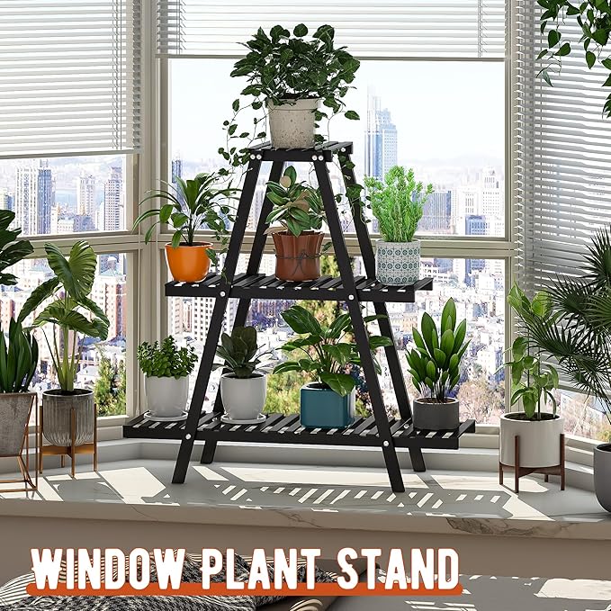 GHWIE Plant Stand Indoor Plant Shelf Outdoor bamboo Plant Rack, 3 Tiers Ladder Plant Holder Flower Stand for Living Room Balcony Garden Patio,Living Room Boho Home Decor for Gardening Gifts (Black)